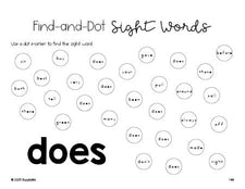 Free second grade worksheet, sight word dot marker printable coloring page, beginner sight word for 2nd graders and high frequency word 'does', second 100 fry sight words, Dolch, PDF