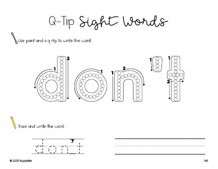 Free second grade worksheet, beginner sight word for 2nd graders and high frequency word 'don’t', sight word worksheet includes q-tip painting, sight word tracing and handwriting, third 100 fry sight words, Dolch, PDF