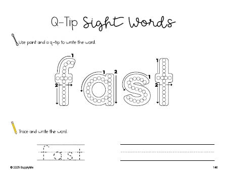 Free second grade worksheet, beginner sight word for 2nd graders and high frequency word 'fast', sight word worksheet includes q-tip painting, sight word tracing and handwriting, fourth 100 fry sight words, Dolch, PDF