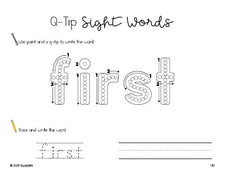Free second grade worksheet, beginner sight word for 2nd graders and high frequency word 'first', sight word worksheet includes q-tip painting, sight word tracing and handwriting, first 100 fry sight words, Dolch, PDF