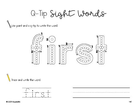 Free second grade worksheet, beginner sight word for 2nd graders and high frequency word 'first', sight word worksheet includes q-tip painting, sight word tracing and handwriting, first 100 fry sight words, Dolch, PDF
