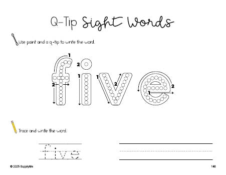 Free second grade worksheet, beginner sight word for 2nd graders and high frequency word 'five', sight word worksheet includes q-tip painting, sight word tracing and handwriting, fourth 100 fry sight words, Dolch, PDF