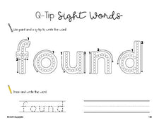 Free second grade worksheet, beginner sight word for 2nd graders and high frequency word 'found', sight word worksheet includes q-tip painting, sight word tracing and handwriting, second 100 fry sight words, Dolch, PDF