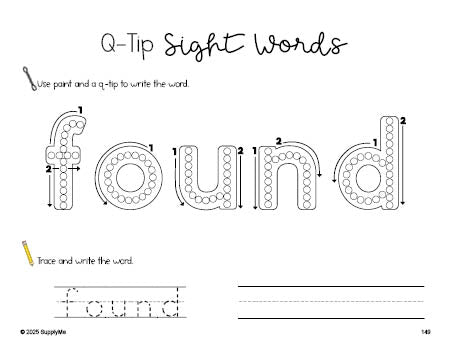 Free second grade worksheet, beginner sight word for 2nd graders and high frequency word 'found', sight word worksheet includes q-tip painting, sight word tracing and handwriting, second 100 fry sight words, Dolch, PDF