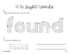 Free second grade worksheet, beginner sight word for 2nd graders and high frequency word 'found', sight word worksheet includes q-tip painting, sight word tracing and handwriting, second 100 fry sight words, Dolch, PDF