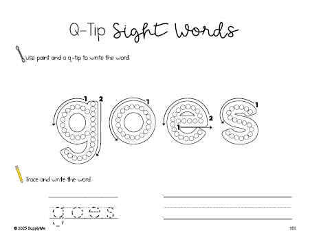 Free second grade worksheet, beginner sight word for 2nd graders and high frequency word 'goes', sight word worksheet includes q-tip painting, sight word tracing and handwriting, Dolch, PDF