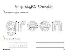 Free second grade worksheet, beginner sight word for 2nd graders and high frequency word 'green', sight word worksheet includes q-tip painting, sight word tracing and handwriting, fifth 100 fry sight words, Dolch, PDF