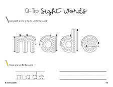 Free second grade worksheet, beginner sight word for 2nd graders and high frequency word 'made', sight word worksheet includes q-tip painting, sight word tracing and handwriting, first 100 fry sight words, Dolch, PDF