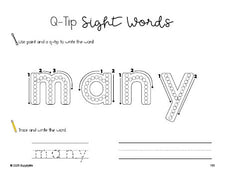 Free second grade worksheet, beginner sight word for 2nd graders and high frequency word 'many', sight word worksheet includes q-tip painting, sight word tracing and handwriting, first 100 fry sight words, Dolch, PDF