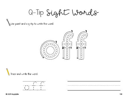 Free second grade worksheet, beginner sight word for 2nd graders and high frequency word 'off', sight word worksheet includes q-tip painting, sight word tracing and handwriting, second 100 fry sight words, Dolch, PDF