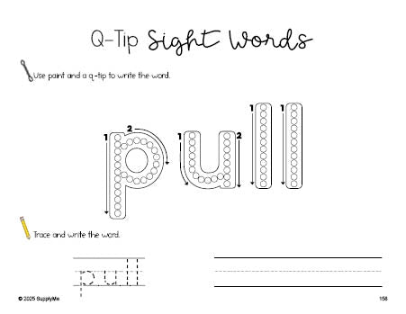 Free second grade worksheet, beginner sight word for 2nd graders and high frequency word 'pull', sight word worksheet includes q-tip painting, sight word tracing and handwriting, Dolch, PDF