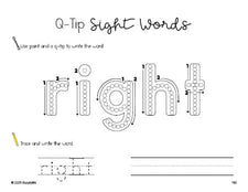 Free second grade worksheet, beginner sight word for 2nd graders and high frequency word 'right', sight word worksheet includes q-tip painting, sight word tracing and handwriting, second 100 fry sight words, Dolch, PDF