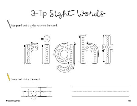 Free second grade worksheet, beginner sight word for 2nd graders and high frequency word 'right', sight word worksheet includes q-tip painting, sight word tracing and handwriting, second 100 fry sight words, Dolch, PDF