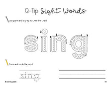 Free second grade worksheet, beginner sight word for 2nd graders and high frequency word 'sing', sight word worksheet includes q-tip painting, sight word tracing and handwriting, fourth 100 fry sight words, Dolch, PDF