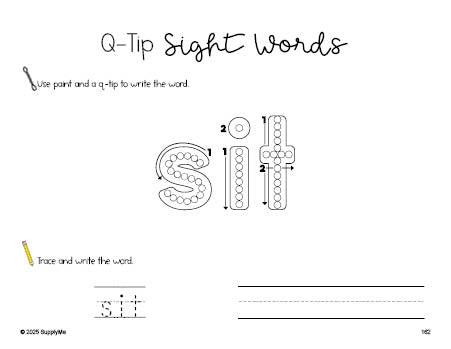 Free second grade worksheet, beginner sight word for 2nd graders and high frequency word 'sit', sight word worksheet includes q-tip painting, sight word tracing and handwriting, Dolch, PDF
