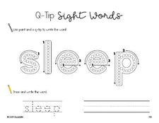 Free second grade worksheet, beginner sight word for 2nd graders and high frequency word 'sleep', sight word worksheet includes q-tip painting, sight word tracing and handwriting, seventh 100 fry sight words, Dolch, PDF