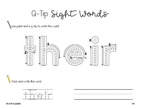 Free second grade worksheet, beginner sight word for 2nd graders and high frequency word 'their', sight word worksheet includes q-tip painting, sight word tracing and handwriting, first 100 fry sight words, Dolch, PDF