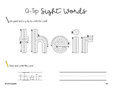 Free second grade worksheet, beginner sight word for 2nd graders and high frequency word 'their', sight word worksheet includes q-tip painting, sight word tracing and handwriting, first 100 fry sight words, Dolch, PDF