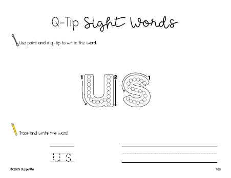 Free second grade worksheet, beginner sight word for 2nd graders and high frequency word 'us', sight word worksheet includes q-tip painting, sight word tracing and handwriting, second 100 fry sight words, Dolch, PDF