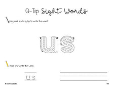 Free second grade worksheet, beginner sight word for 2nd graders and high frequency word 'us', sight word worksheet includes q-tip painting, sight word tracing and handwriting, second 100 fry sight words, Dolch, PDF
