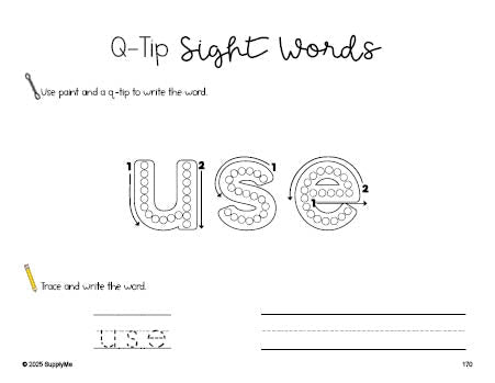 Free second grade worksheet, beginner sight word for 2nd graders and high frequency word 'use', sight word worksheet includes q-tip painting, sight word tracing and handwriting, first 100 fry sight words, Dolch, PDF
