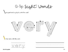 Free second grade worksheet, beginner sight word for 2nd graders and high frequency word 'very', sight word worksheet includes q-tip painting, sight word tracing and handwriting, second 100 fry sight words, Dolch, PDF