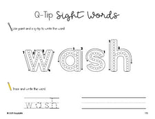 Free second grade worksheet, beginner sight word for 2nd graders and high frequency word 'wash', sight word worksheet includes q-tip painting, sight word tracing and handwriting, ninth 100 fry sight words, Dolch, PDF