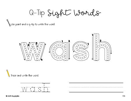 Free second grade worksheet, beginner sight word for 2nd graders and high frequency word 'wash', sight word worksheet includes q-tip painting, sight word tracing and handwriting, ninth 100 fry sight words, Dolch, PDF
