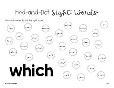 Free second grade worksheet, sight word dot marker printable coloring page, beginner sight word for 2nd graders and high frequency word 'which', first 100 fry sight words, Dolch, PDF