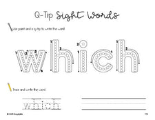 Free second grade worksheet, beginner sight word for 2nd graders and high frequency word 'which', sight word worksheet includes q-tip painting, sight word tracing and handwriting, first 100 fry sight words, Dolch, PDF