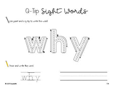 Free second grade worksheet, beginner sight word for 2nd graders and high frequency word 'why', sight word worksheet includes q-tip painting, sight word tracing and handwriting, second 100 fry sight words, Dolch, PDF