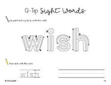 Free second grade worksheet, beginner sight word for 2nd graders and high frequency word 'wish', sight word worksheet includes q-tip painting, sight word tracing and handwriting, sixth 100 fry sight words, Dolch, PDF