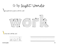 Free second grade worksheet, beginner sight word for 2nd graders and high frequency word 'work', sight word worksheet includes q-tip painting, sight word tracing and handwriting, second 100 fry sight words, Dolch, PDF