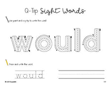 Free second grade worksheet, beginner sight word for 2nd graders and high frequency word 'would', sight word worksheet includes q-tip painting, sight word tracing and handwriting, first 100 fry sight words, Dolch, PDF