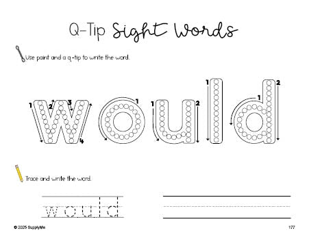 Free second grade worksheet, beginner sight word for 2nd graders and high frequency word 'would', sight word worksheet includes q-tip painting, sight word tracing and handwriting, first 100 fry sight words, Dolch, PDF