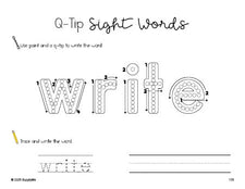 Free second grade worksheet, beginner sight word for 2nd graders and high frequency word 'write', sight word worksheet includes q-tip painting, sight word tracing and handwriting, first 100 fry sight words, Dolch, PDF