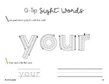 Free second grade worksheet, beginner sight word for 2nd graders and high frequency word 'your', sight word worksheet includes q-tip painting, sight word tracing and handwriting, first 100 fry sight words, Dolch, PDF