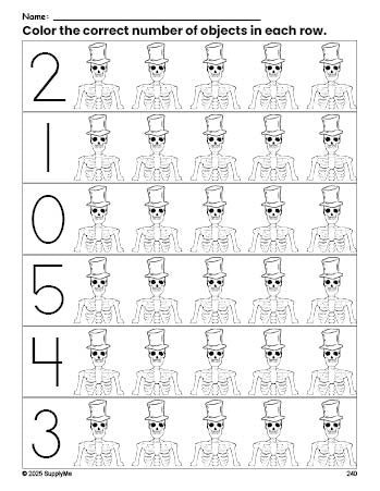 Free printable skeleton Halloween count and color worksheet for preschoolers, Halloween coloring page and counting worksheet numbers 0-5, PDF