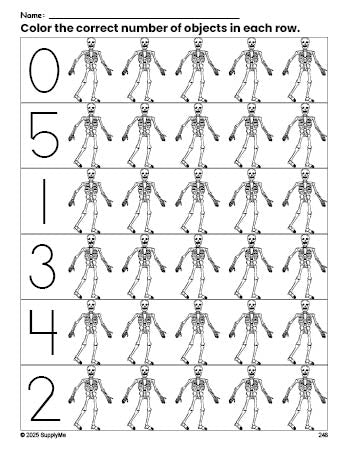 Free printable skeleton Halloween count and color worksheet for preschoolers, Halloween coloring page and counting worksheet numbers 0-5, PDF