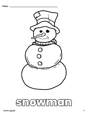 Free printable snowman winter coloring page for preschool, pre-k, and kindergarten