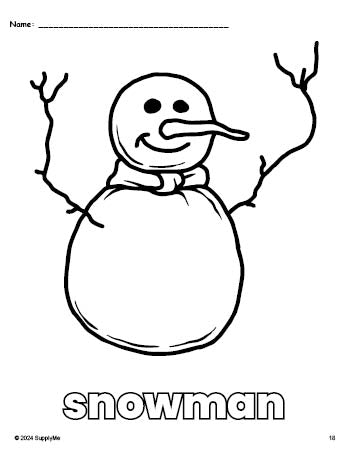 Free printable snowman winter coloring page for preschool, pre-k, and kindergarten