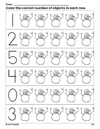 Free printable snowman winter count and color worksheet for preschoolers, winter coloring page and counting worksheet numbers 0-5, PDF