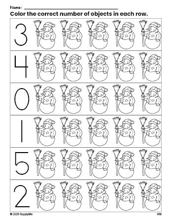 Free printable snowman winter count and color worksheet for preschoolers, winter coloring page and counting worksheet numbers 0-5, PDF