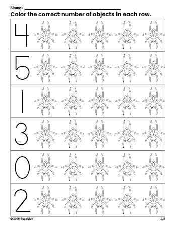 Free printable spider Halloween count and color worksheet for preschoolers, Halloween coloring page and counting worksheet numbers 0-5, PDF