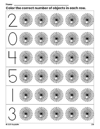 Free printable spider Halloween count and color worksheet for preschoolers, Halloween coloring page and counting worksheet numbers 0-5, PDF