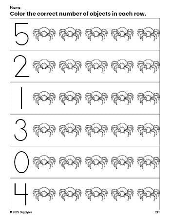 Free printable spider Halloween count and color worksheet for preschoolers, Halloween coloring page and counting worksheet numbers 0-5, PDF