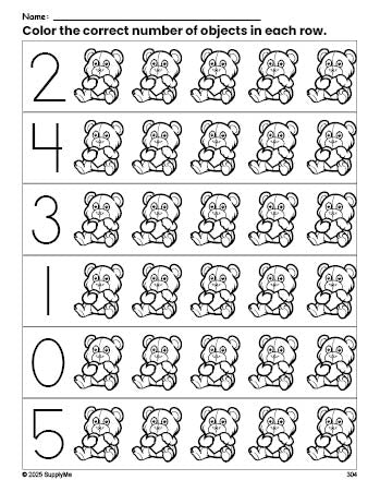 Free printable teddy bear Valentine's Day count and color worksheet for preschoolers, Valentine's Day coloring page and counting worksheet numbers 0-5, PDF