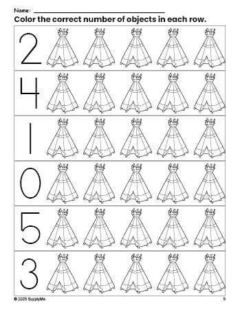 Free printable teepee Thanksgiving count and color worksheet for preschoolers, Thanksgiving coloring page and counting worksheet numbers 0-5, PDF
