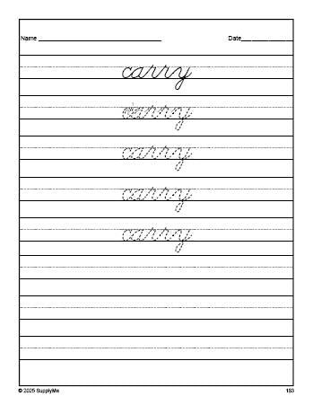 Free third grade sight word cursive tracing worksheet, high frequency word 'carry', third 100 fry sight words, Dolch, PDF