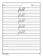 Free third grade sight word cursive tracing worksheet, high frequency word 'fall', fourth 100 fry sight words, Dolch, PDF